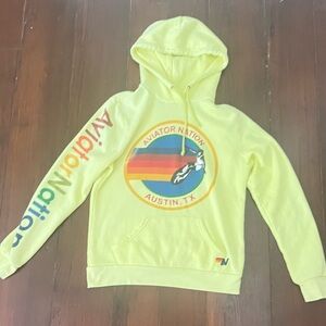 Aviator Nation Vibrant Yellow Hoodie with Multicolor Logo